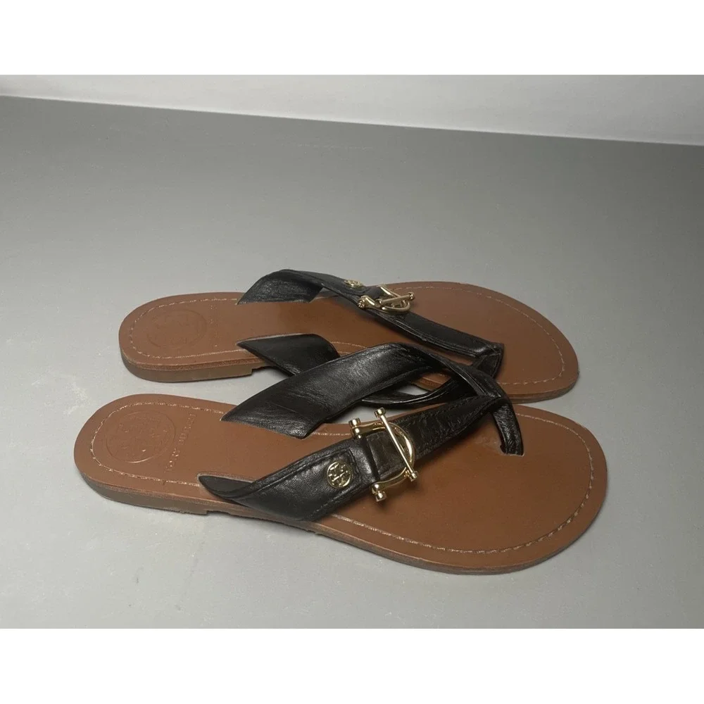 TORY BURCH Nora Black Leather Thong Sandals 6M